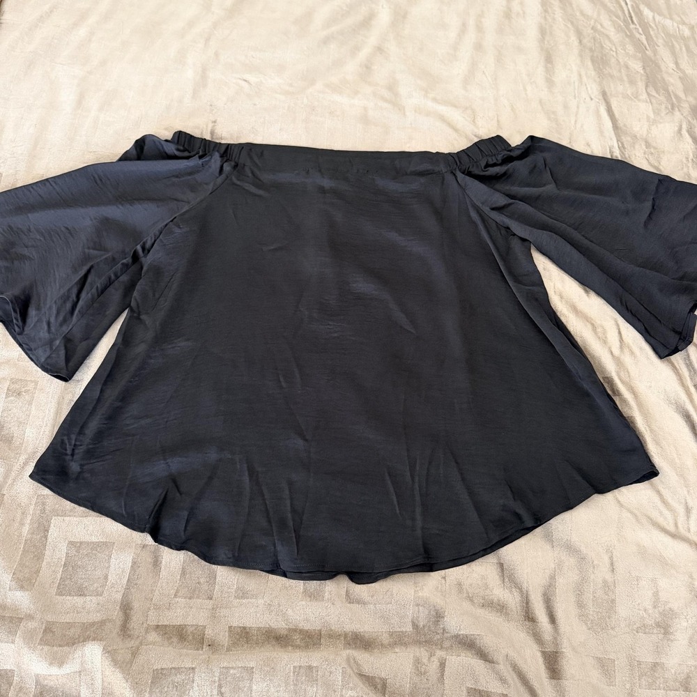 Jennifer Lopez Blouse Womens L Black Off Shoulder Kimono Bell Sleeve Top